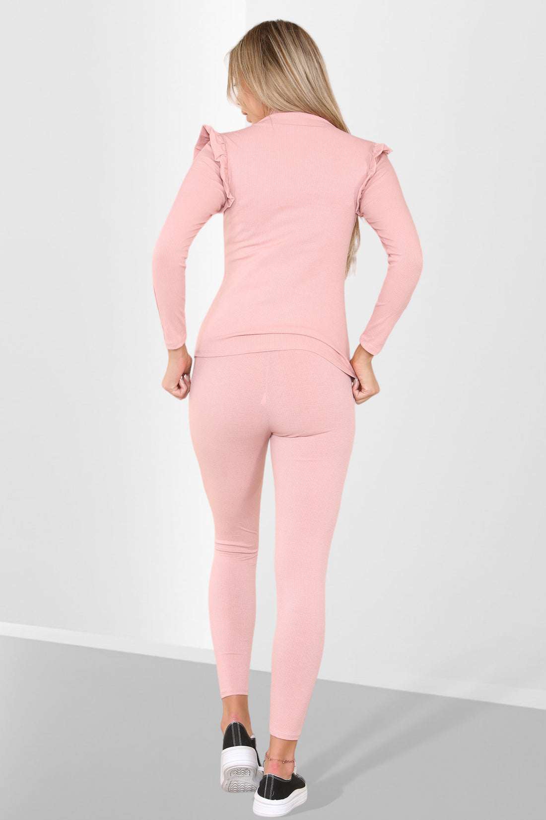 Ladies Frill Shoulder Loungewear Set - Gold Button Detail Two Piece