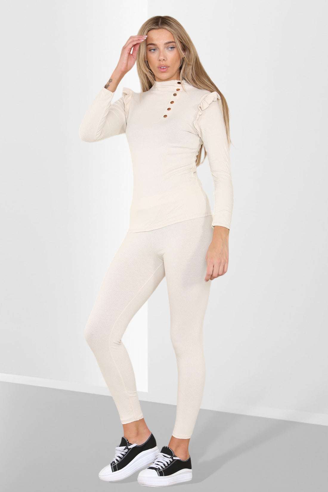 Ladies Frill Shoulder Loungewear Set - Gold Button Detail Two Piece