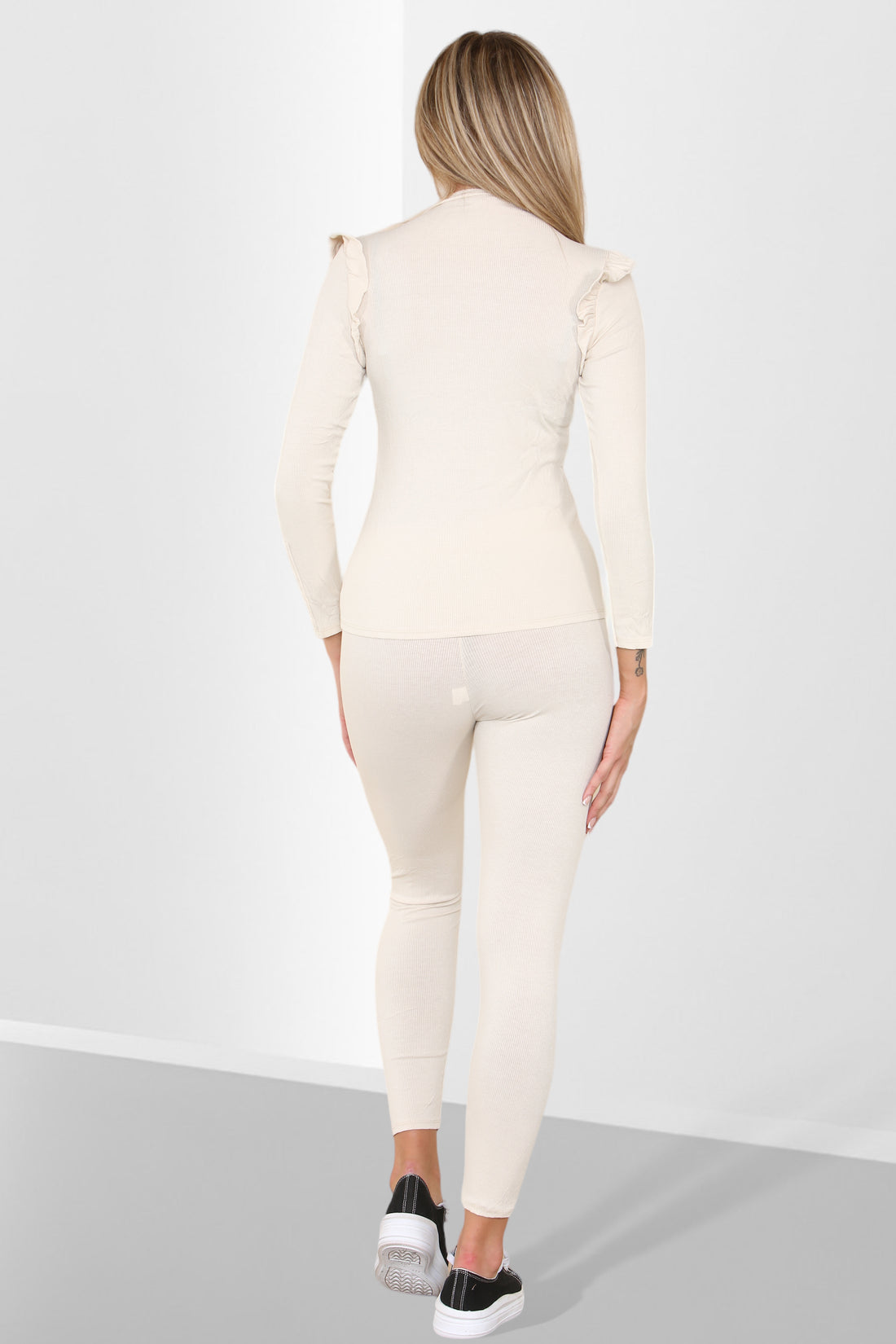 Ladies Frill Shoulder Loungewear Set - Gold Button Detail Two Piece