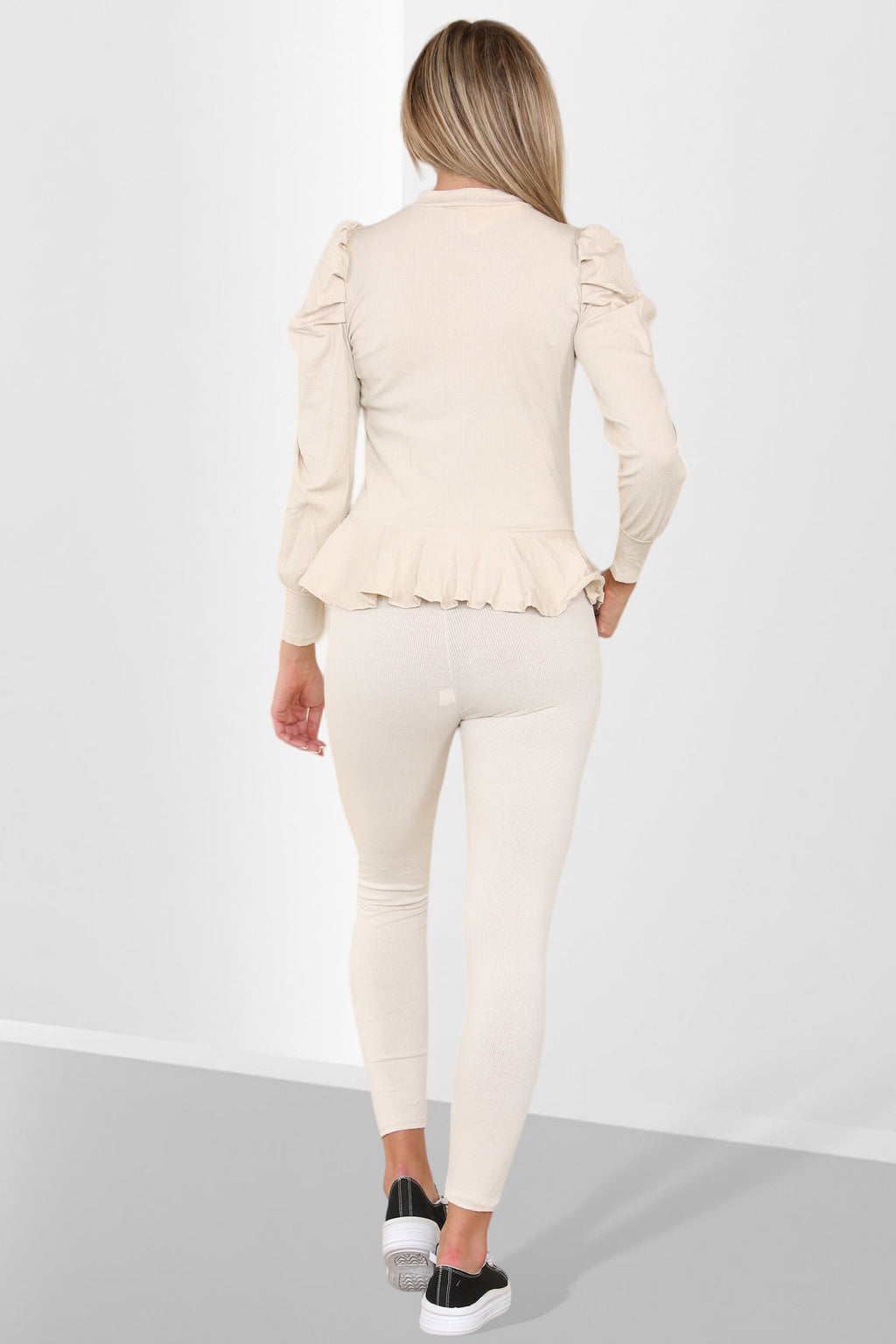 Ladies Puff Sleeve Peplum Loungewear Set - Ribbed Frill Hem Two Piece