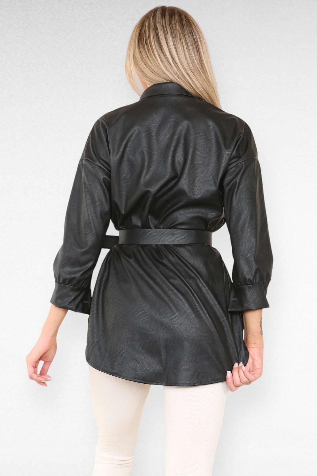 Ladies Wet Look Faux Leather Shirt Dress - Belted PU Design