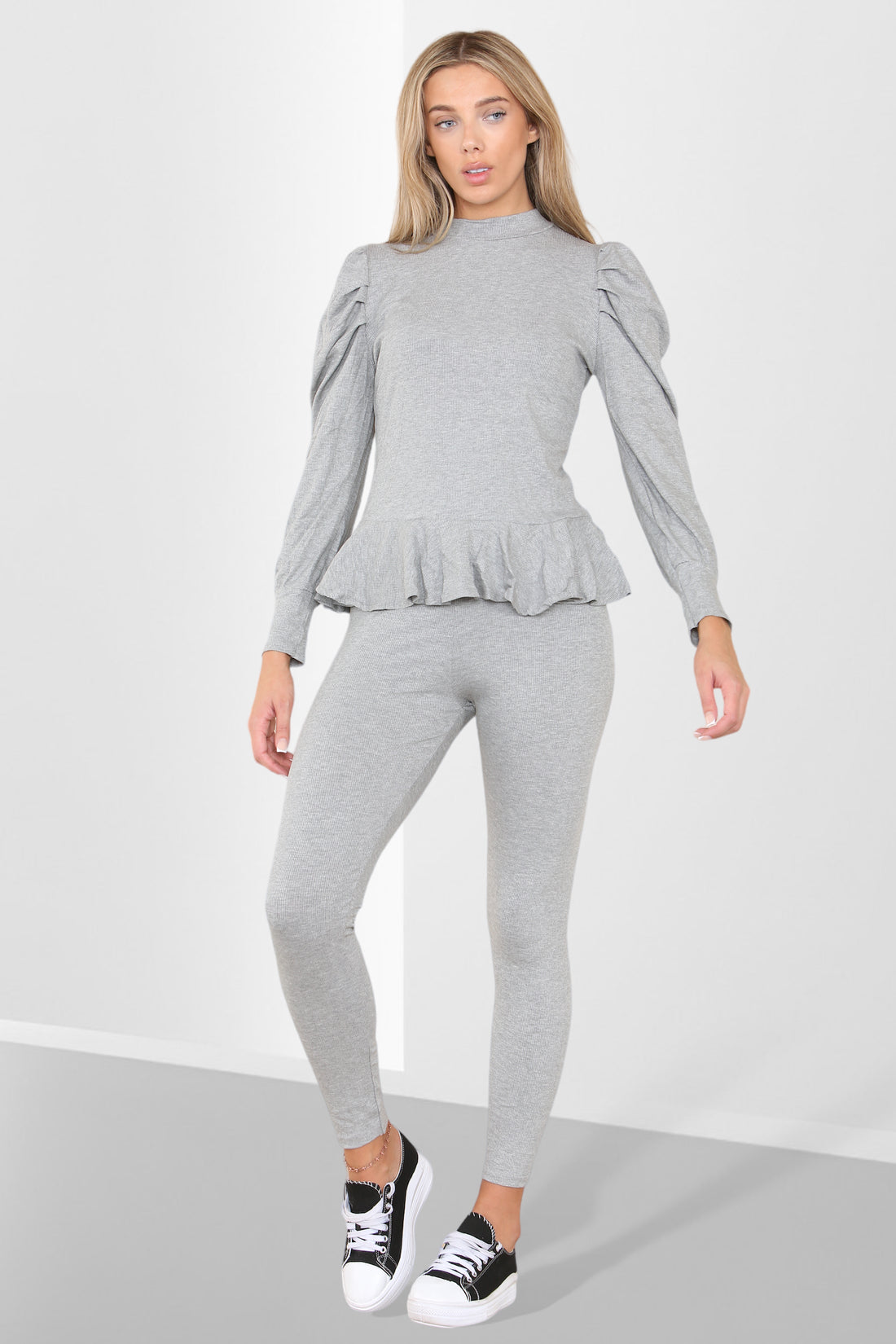 Ladies Puff Sleeve Peplum Loungewear Set - Ribbed Frill Hem Two Piece