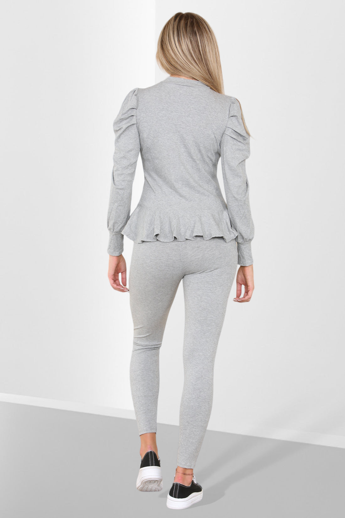 Ladies Puff Sleeve Peplum Loungewear Set - Ribbed Frill Hem Two Piece