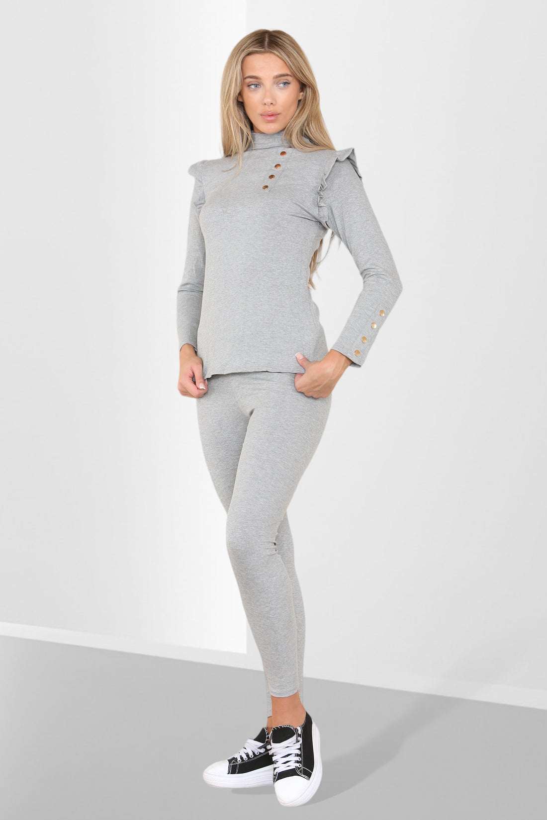 Ladies Frill Shoulder Loungewear Set - Gold Button Detail Two Piece