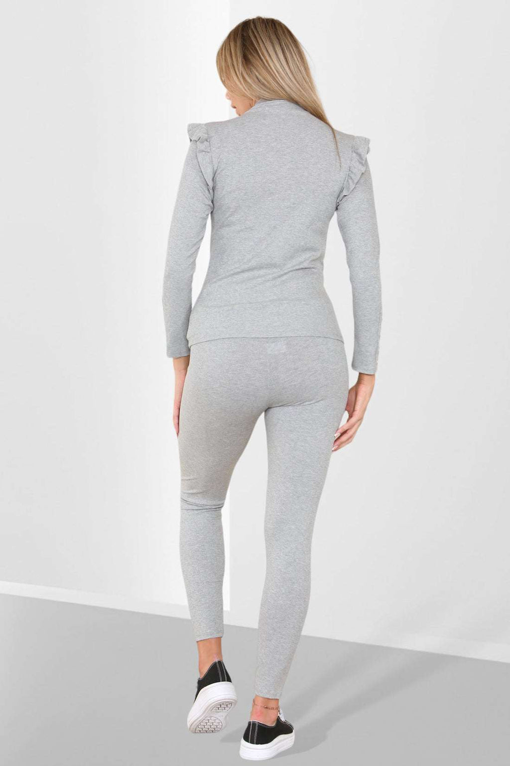 Ladies Frill Shoulder Loungewear Set - Gold Button Detail Two Piece