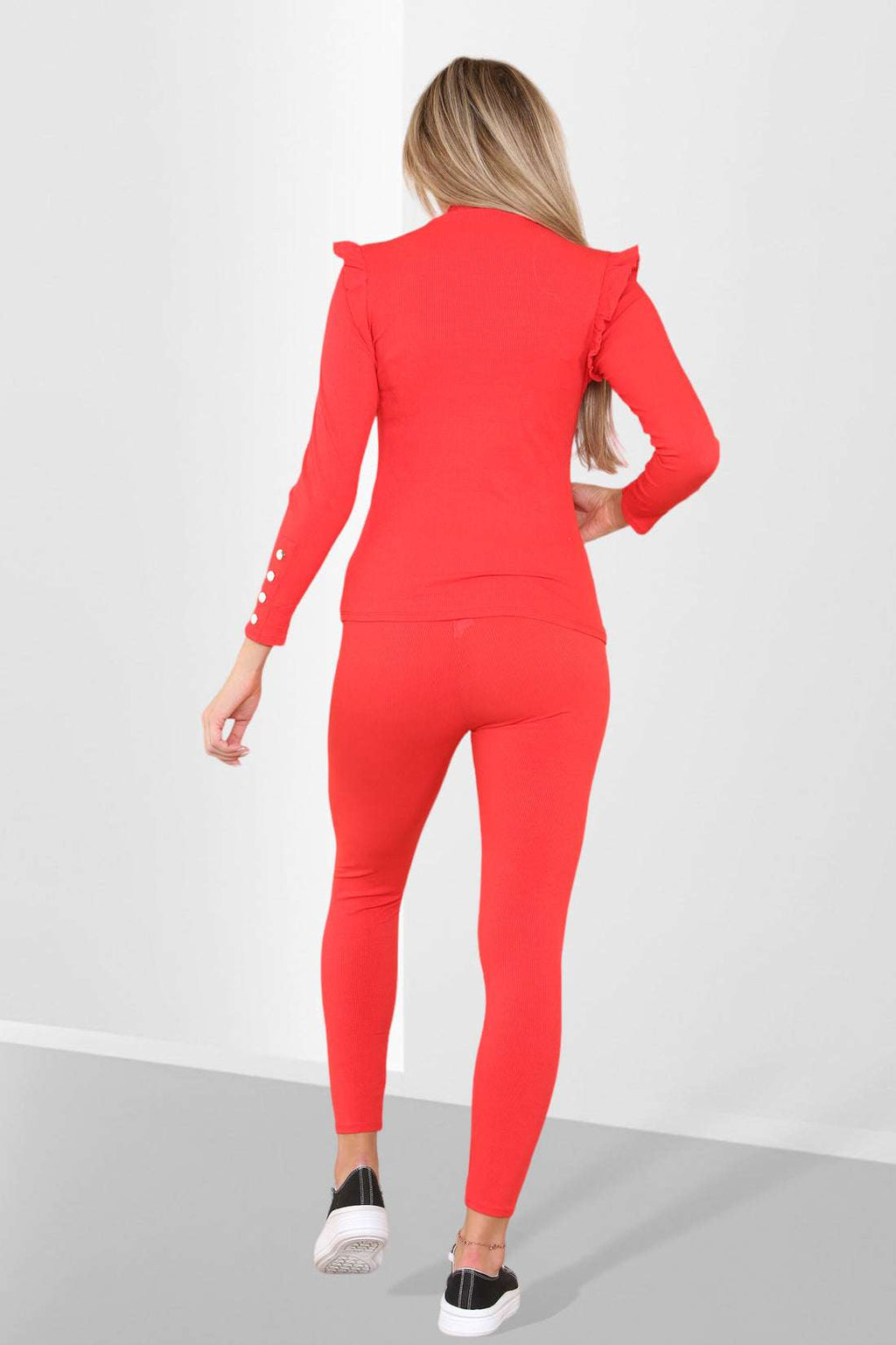 Ladies Frill Shoulder Loungewear Set - Gold Button Detail Two Piece