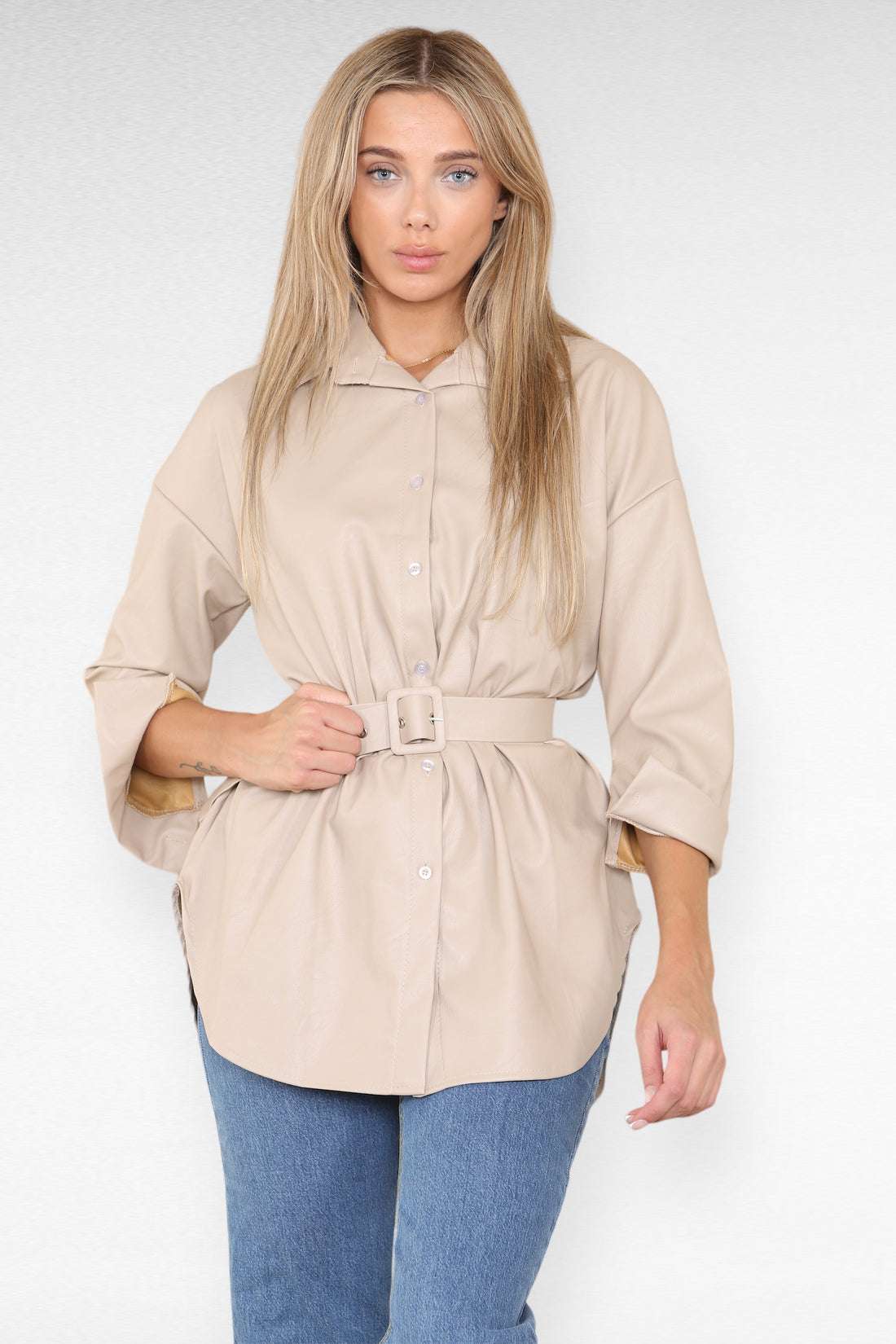 Ladies Wet Look Faux Leather Shirt Dress - Belted PU Design
