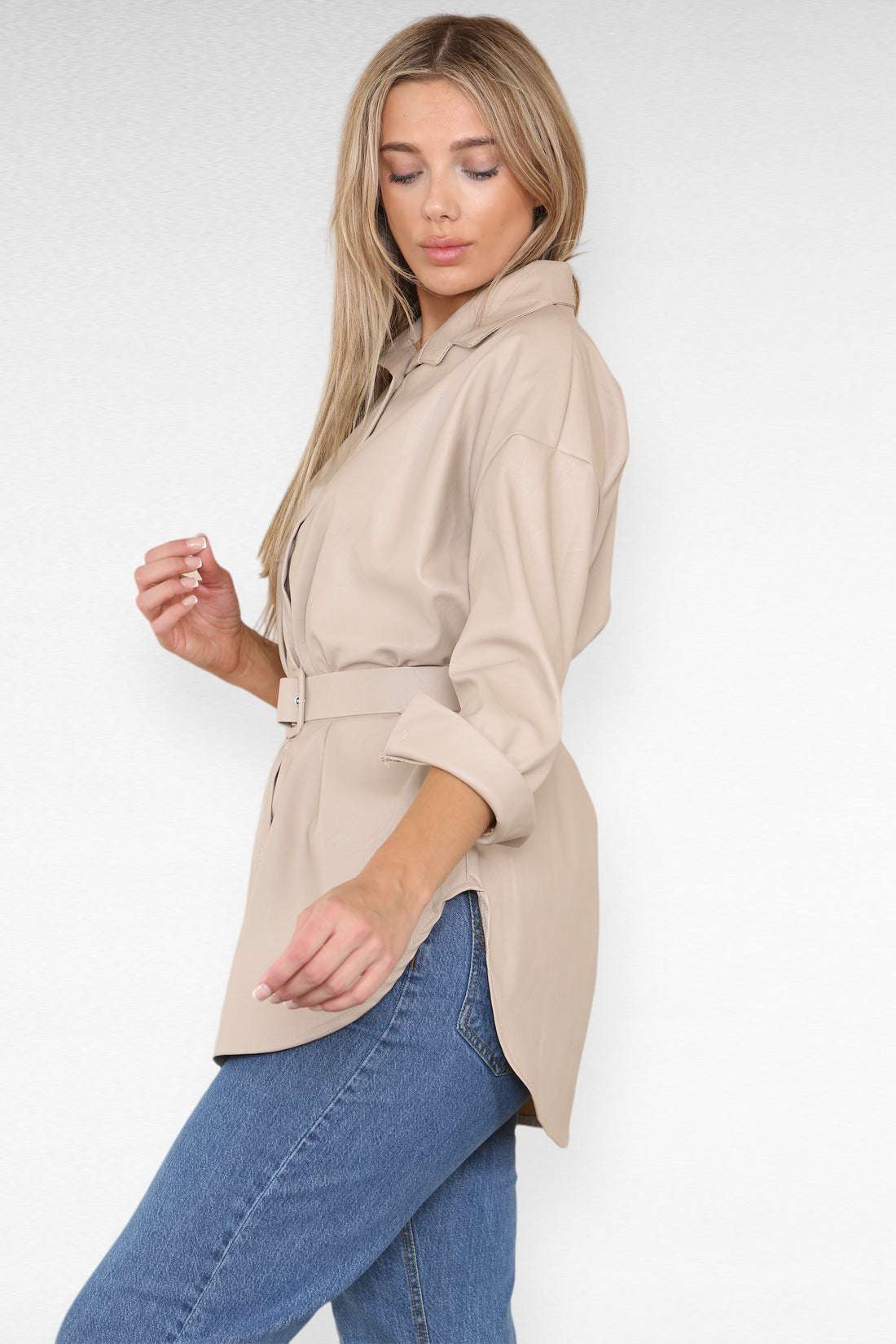 Ladies Wet Look Faux Leather Shirt Dress - Belted PU Design