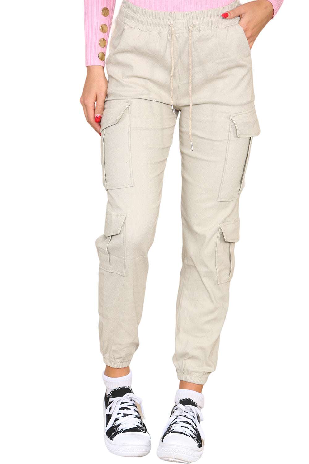 Ladies High Waist Cargo Trousers - Cropped Slim Fit with Pockets