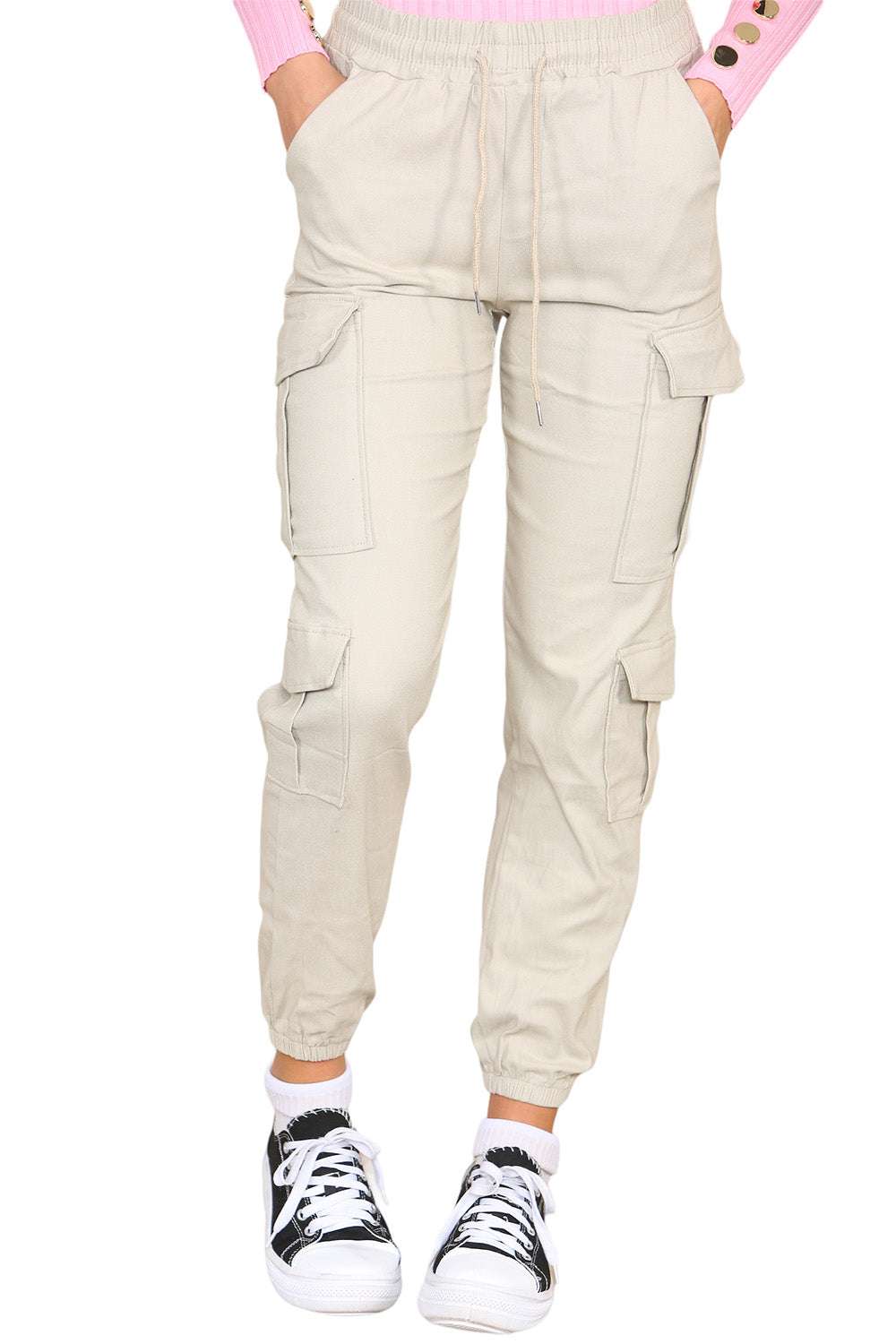 Ladies High Waist Cargo Trousers - Cropped Slim Fit with Pockets