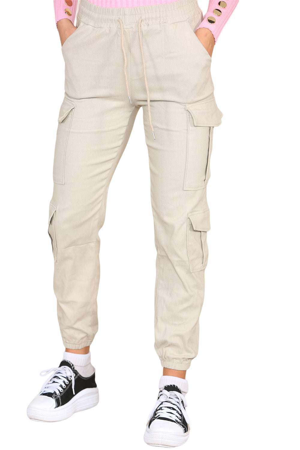 Ladies High Waist Cargo Trousers - Cropped Slim Fit with Pockets
