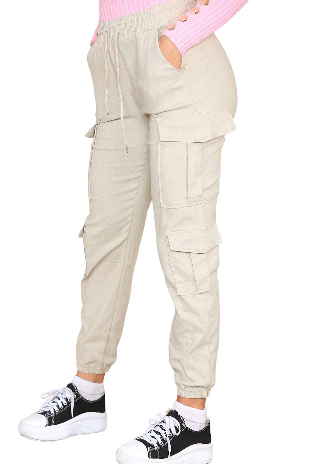 Ladies High Waist Cargo Trousers - Cropped Slim Fit with Pockets