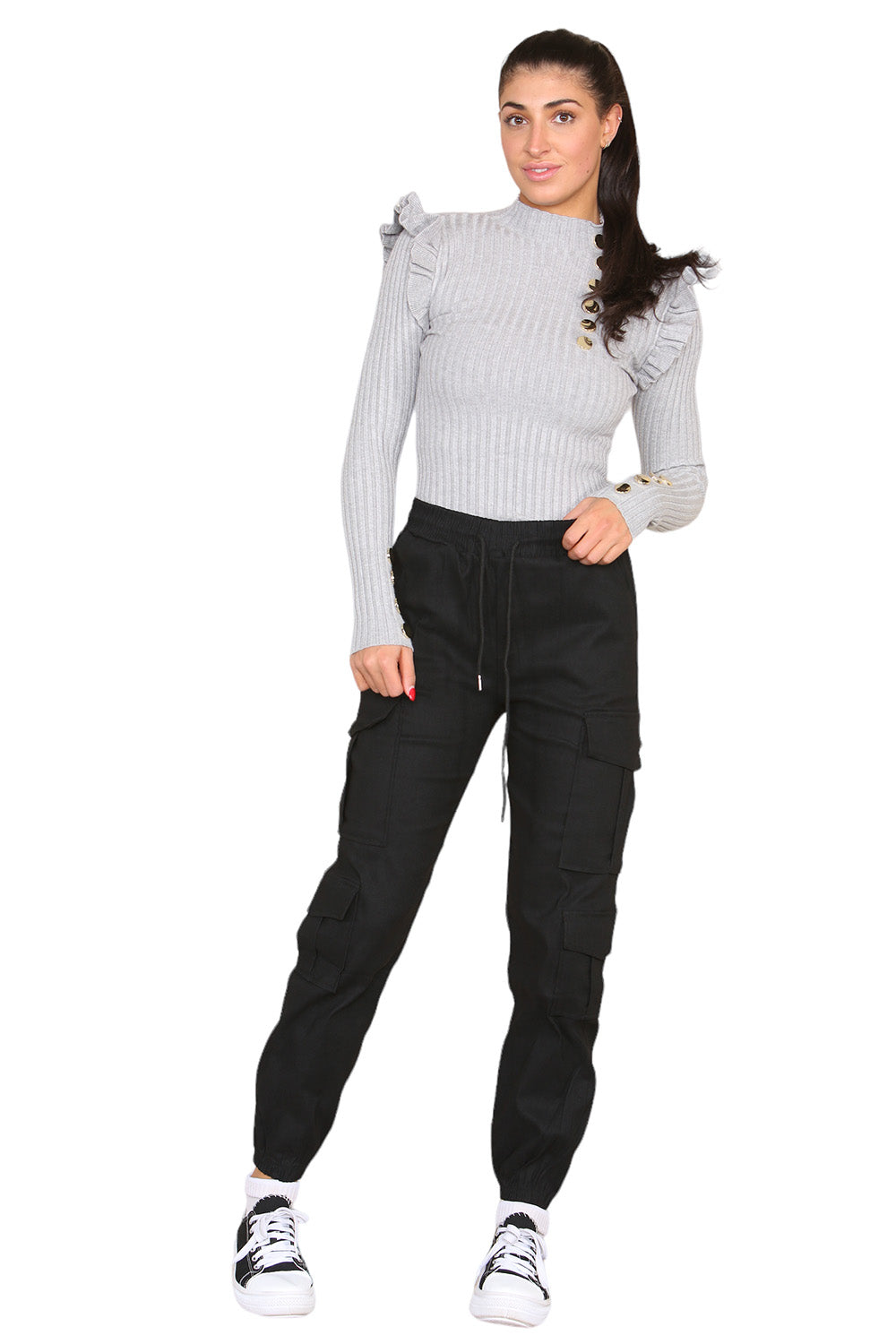 Ladies High Waist Cargo Trousers - Cropped Slim Fit with Pockets