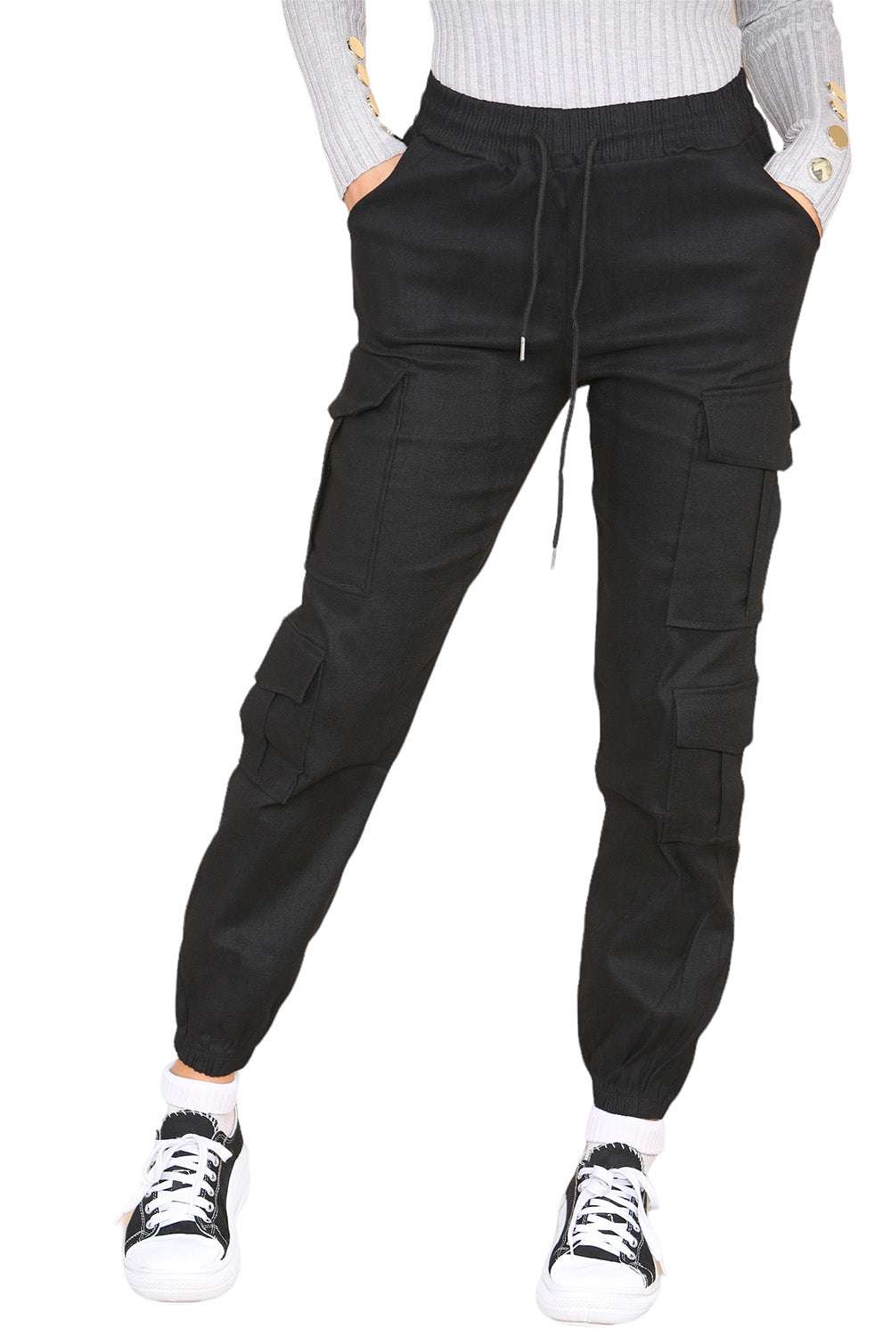 Ladies High Waist Cargo Trousers - Cropped Slim Fit with Pockets