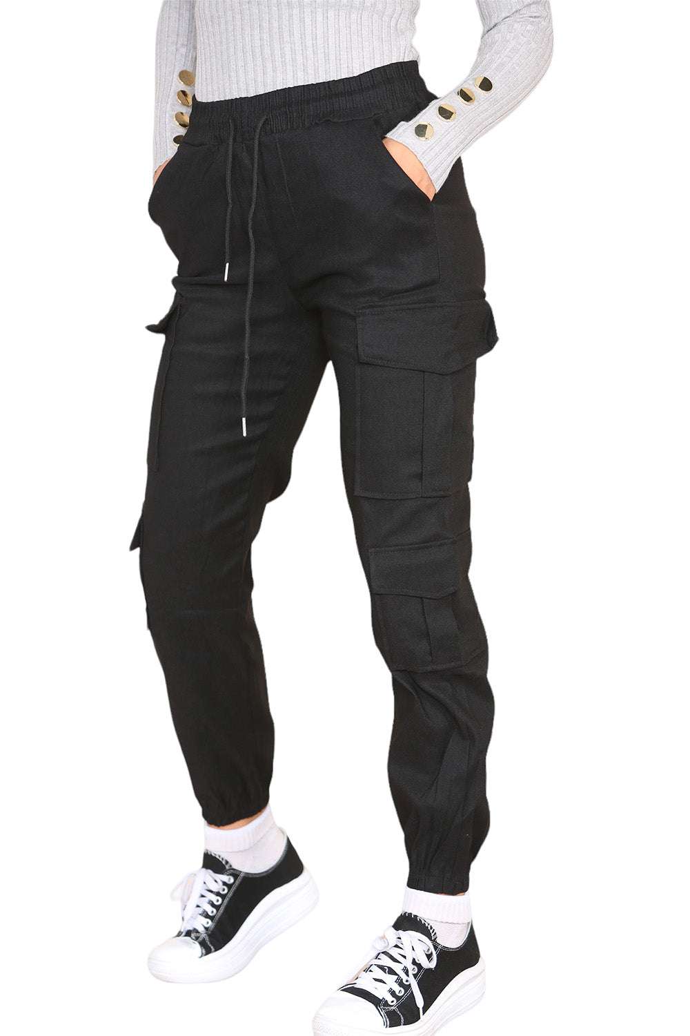 Ladies High Waist Cargo Trousers - Cropped Slim Fit with Pockets