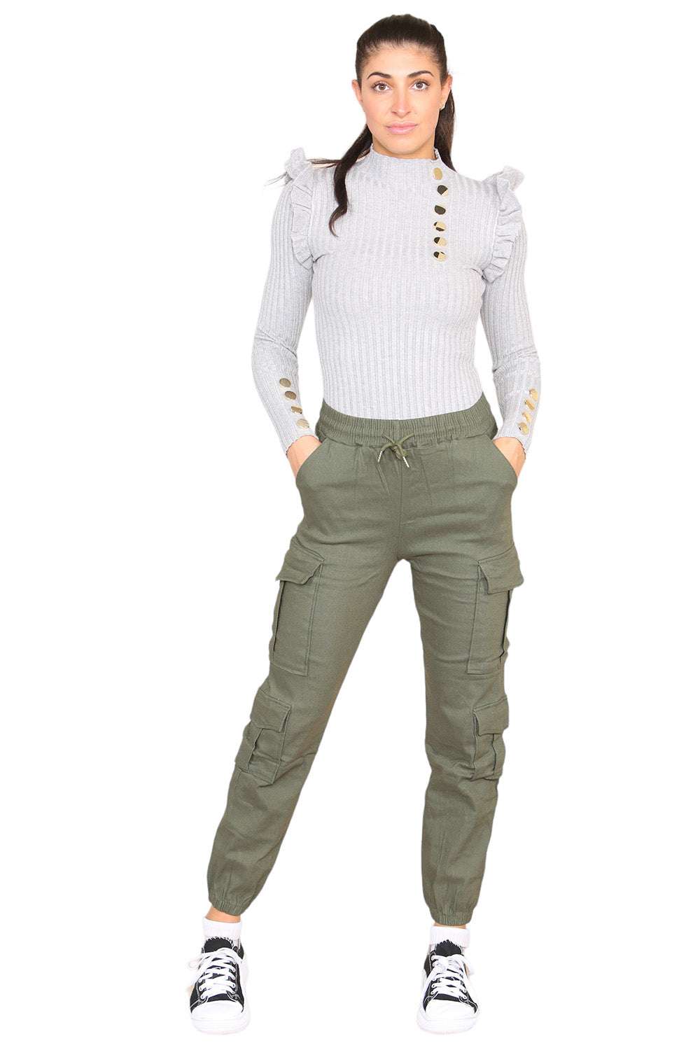 Ladies High Waist Cargo Trousers - Cropped Slim Fit with Pockets