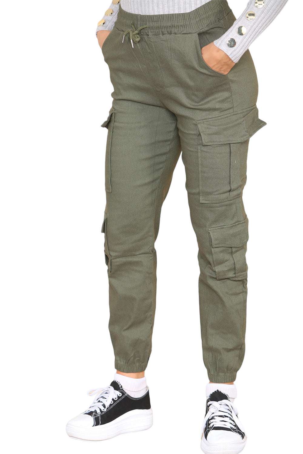Ladies High Waist Cargo Trousers - Cropped Slim Fit with Pockets