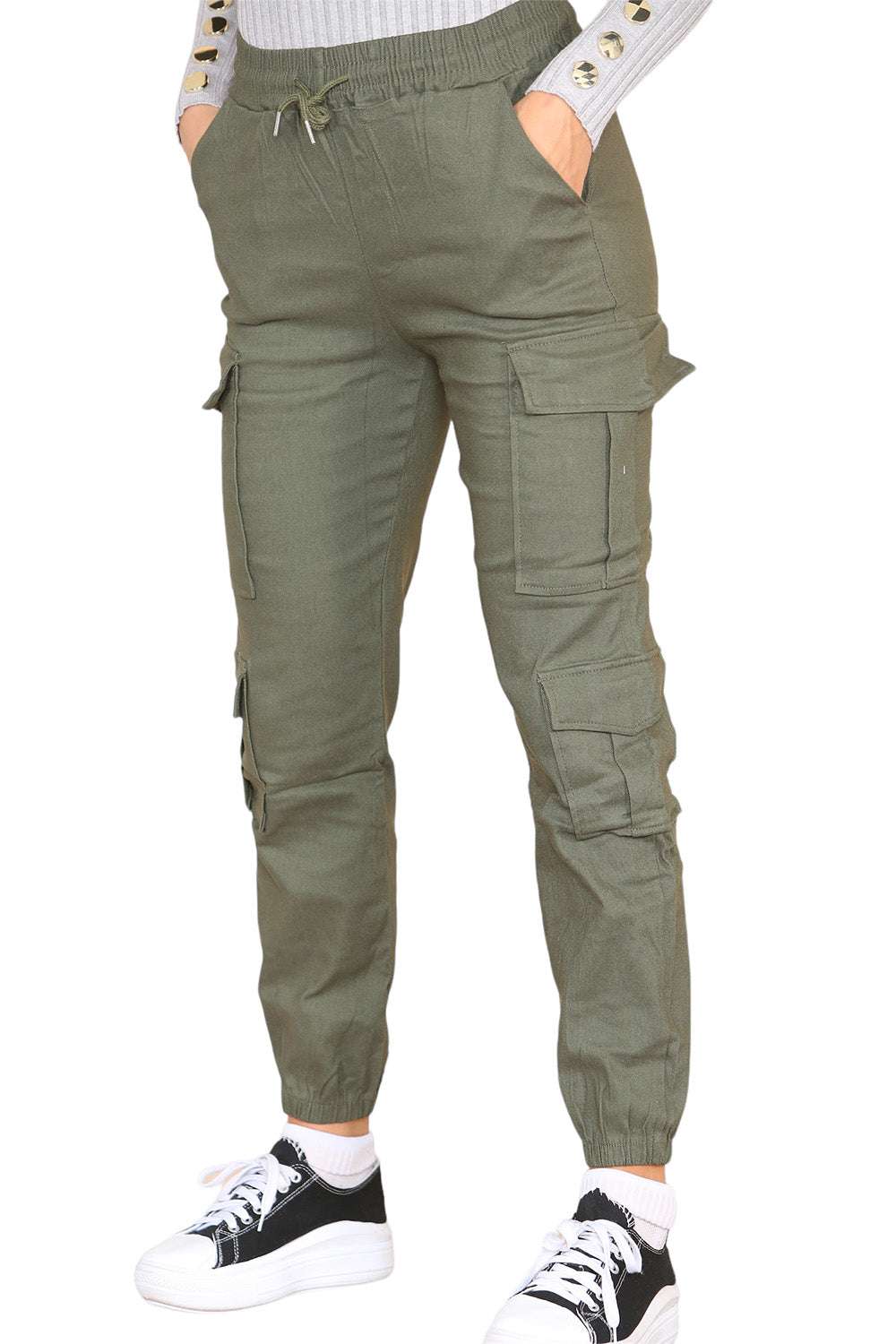 Ladies High Waist Cargo Trousers - Cropped Slim Fit with Pockets