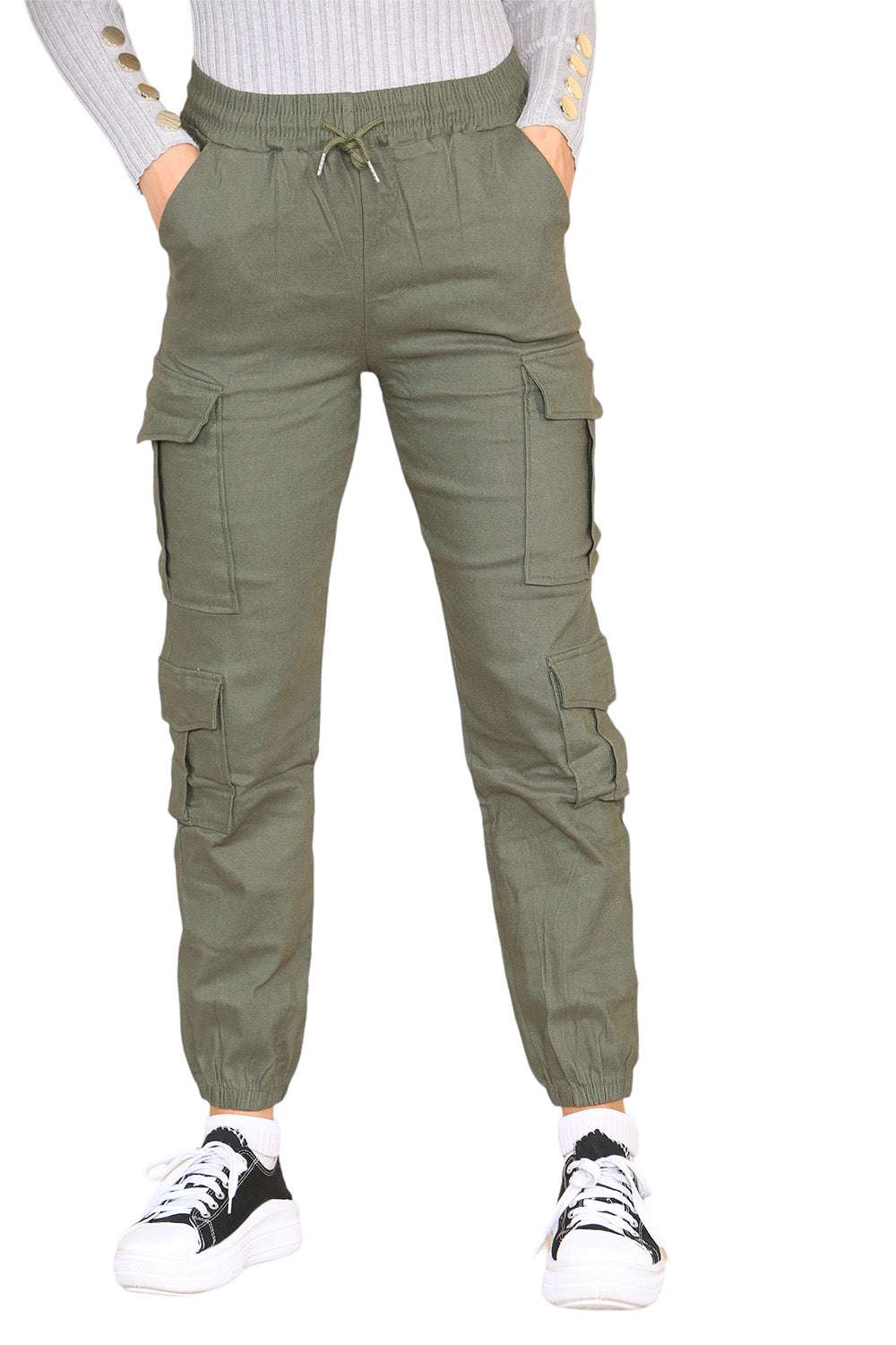 Ladies High Waist Cargo Trousers - Cropped Slim Fit with Pockets