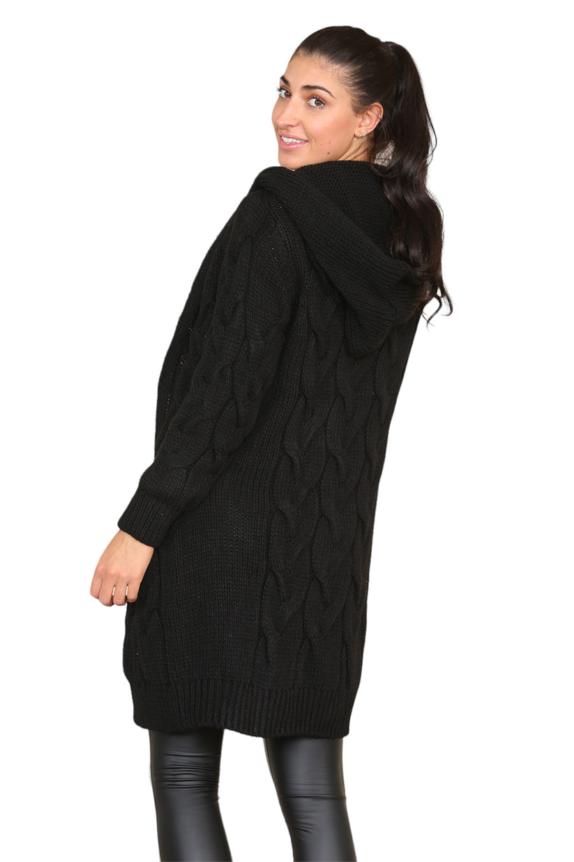 Ladies Oversized Cable Knit Hooded Cardigan - Long Italian Design