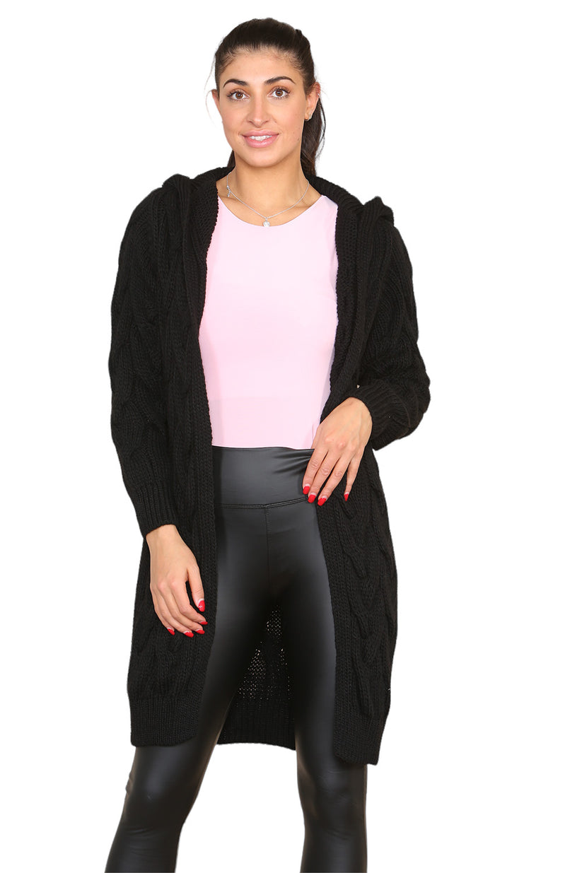 Ladies Oversized Cable Knit Hooded Cardigan - Long Italian Design