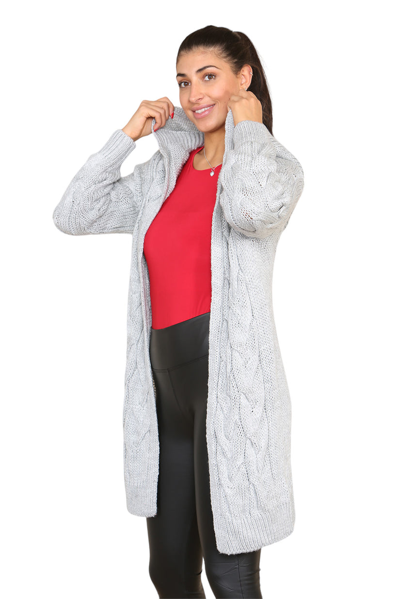 Ladies Oversized Cable Knit Hooded Cardigan - Long Italian Design