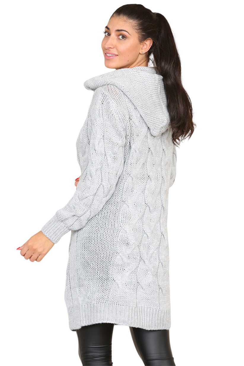 Ladies Oversized Cable Knit Hooded Cardigan - Long Italian Design