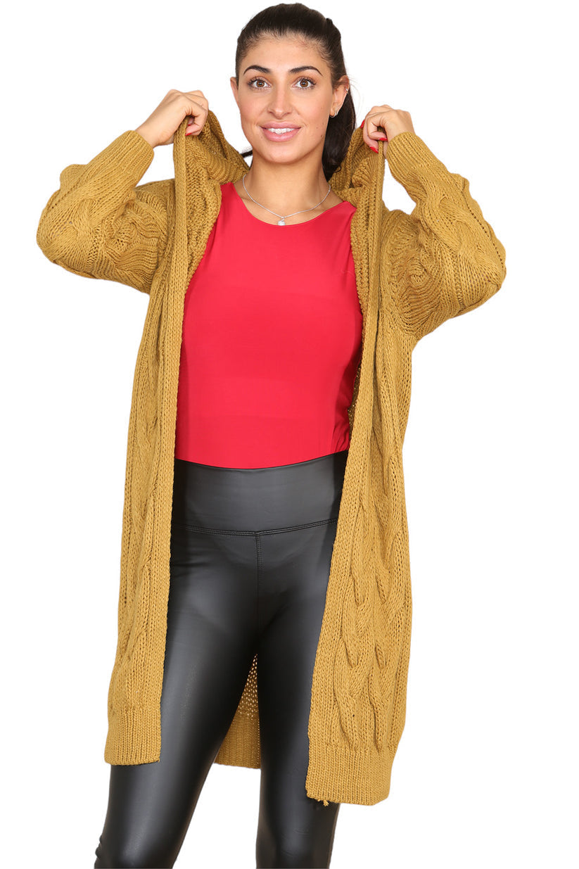 Ladies Oversized Cable Knit Hooded Cardigan - Long Italian Design