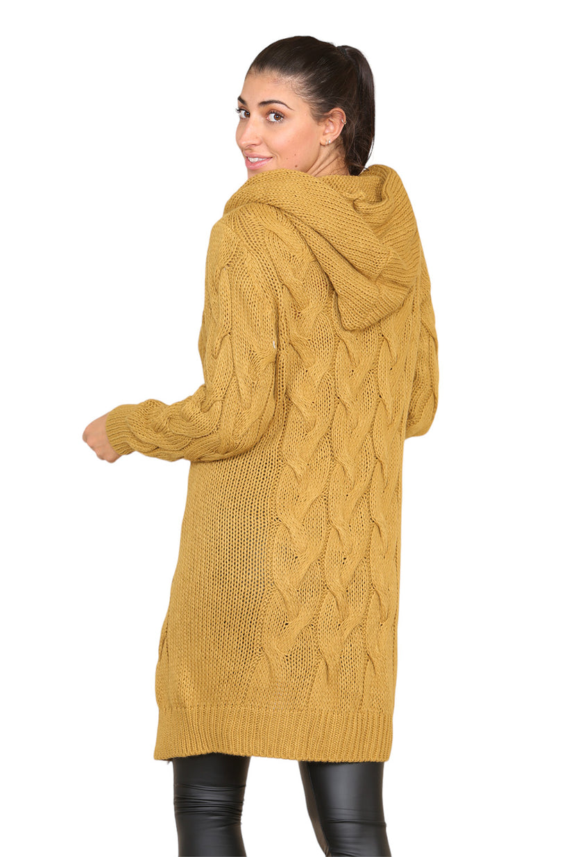 Ladies Oversized Cable Knit Hooded Cardigan - Long Italian Design