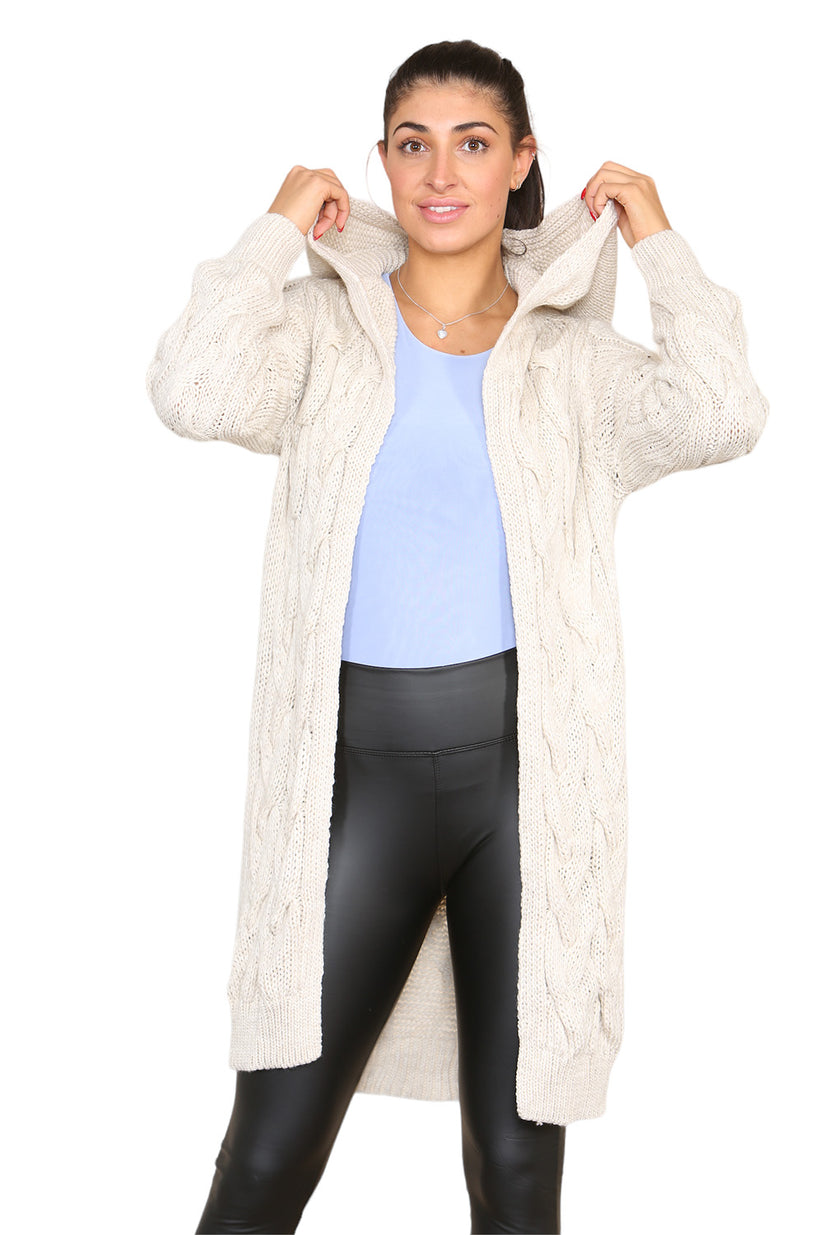 Ladies Oversized Cable Knit Hooded Cardigan - Long Italian Design