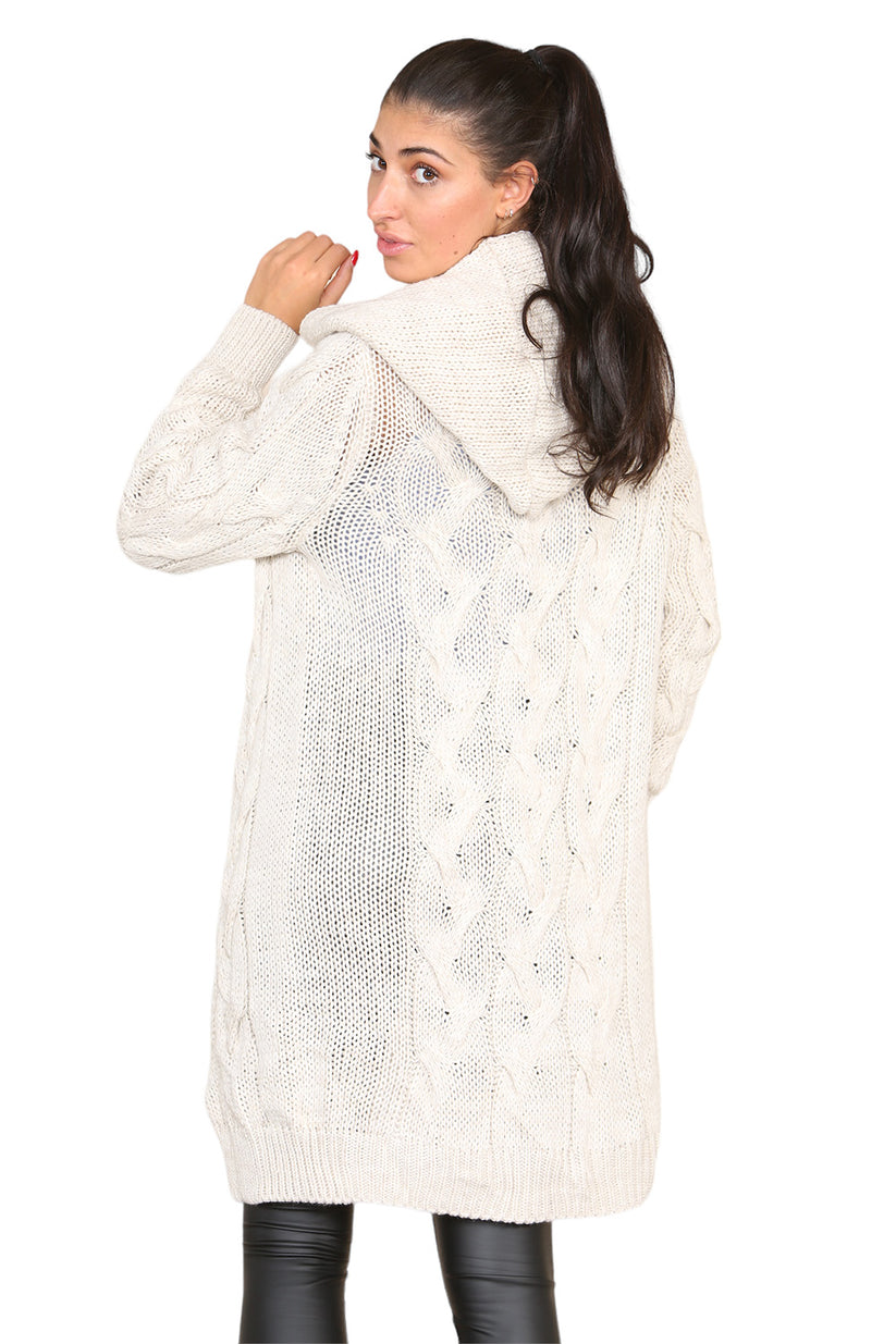 Ladies Oversized Cable Knit Hooded Cardigan - Long Italian Design