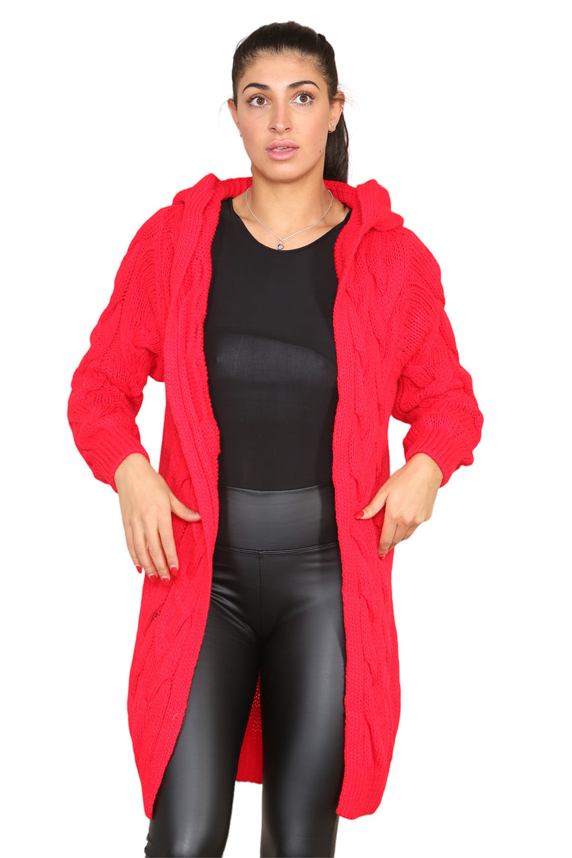 Ladies Oversized Cable Knit Hooded Cardigan - Long Italian Design