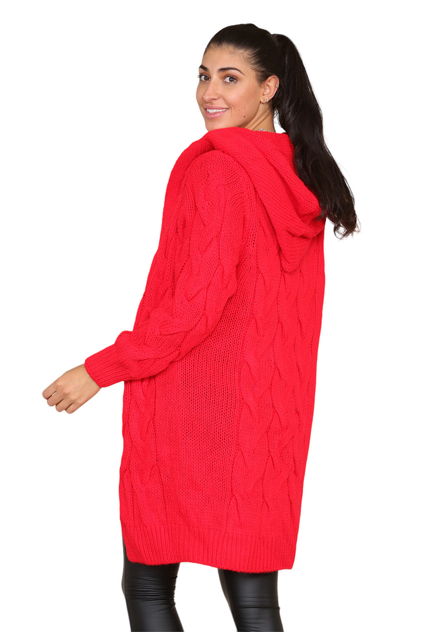 Ladies Oversized Cable Knit Hooded Cardigan - Long Italian Design