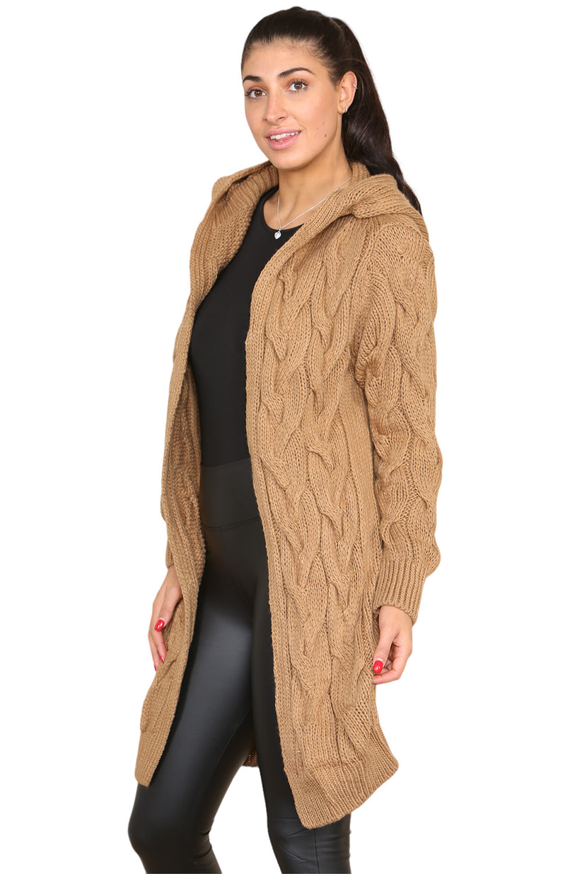 Ladies Oversized Cable Knit Hooded Cardigan - Long Italian Design