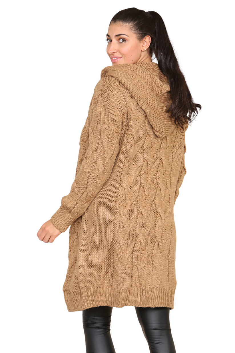 Ladies Oversized Cable Knit Hooded Cardigan - Long Italian Design