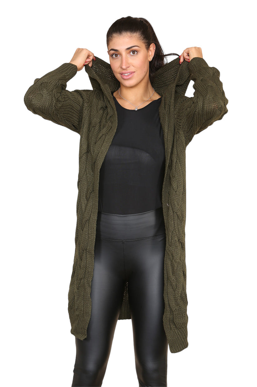 Ladies Oversized Cable Knit Hooded Cardigan - Long Italian Design