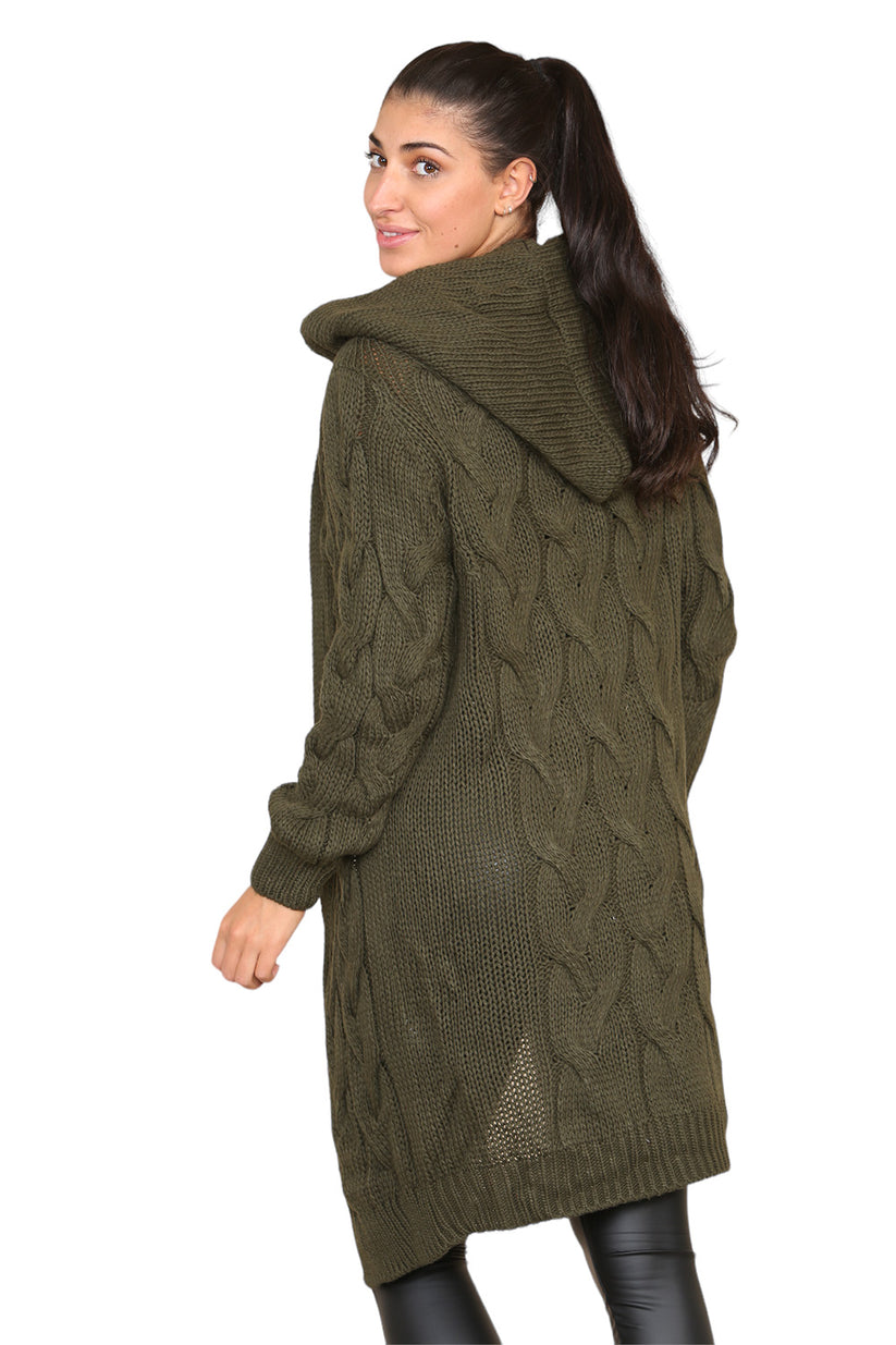 Ladies Oversized Cable Knit Hooded Cardigan - Long Italian Design