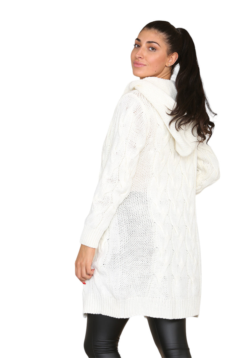 Ladies Oversized Cable Knit Hooded Cardigan - Long Italian Design