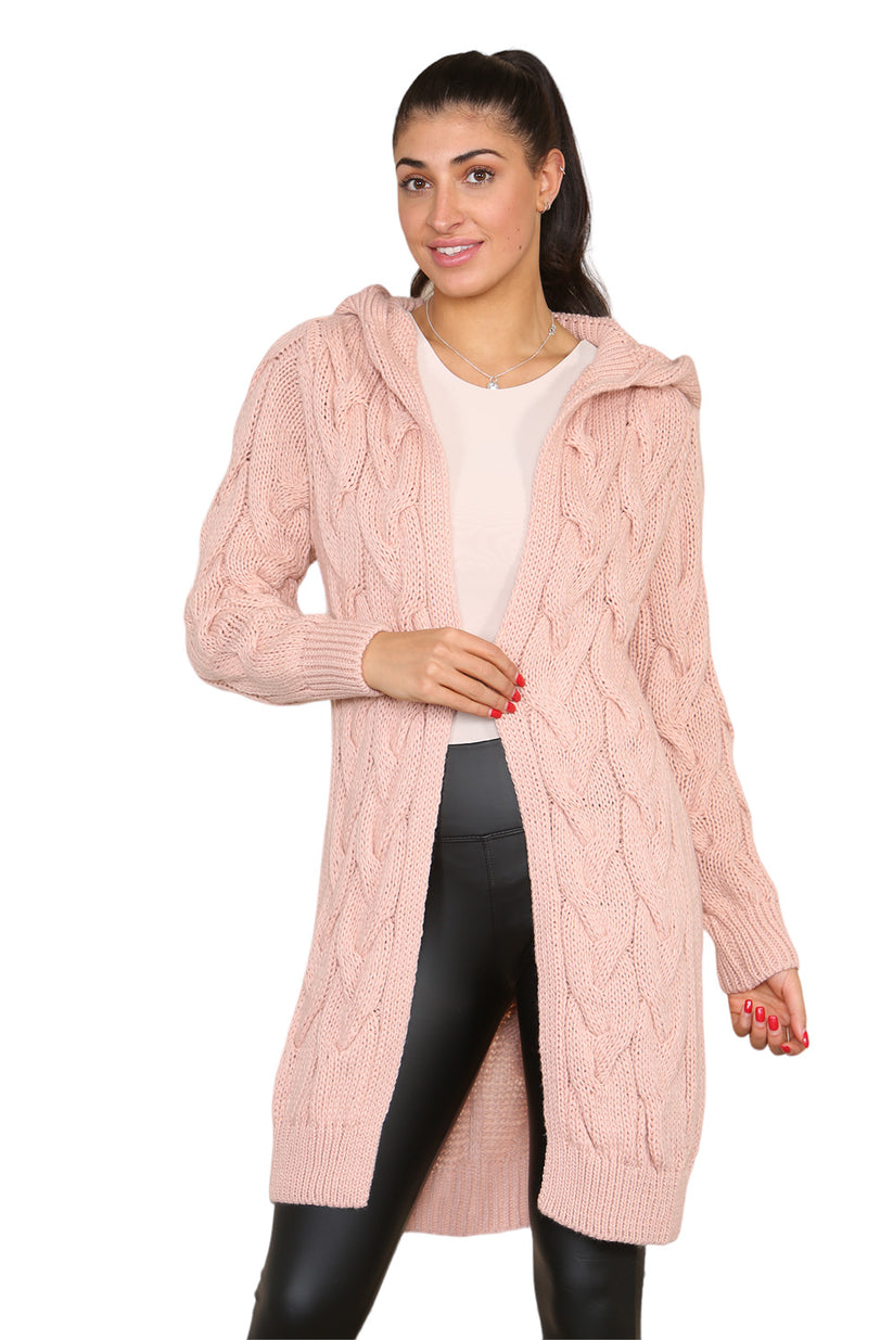 Ladies Oversized Cable Knit Hooded Cardigan - Long Italian Design