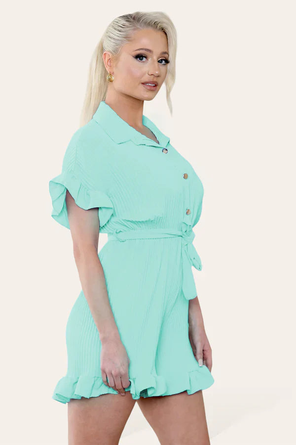 Ladies Pleated Ruffle Playsuit - Short Sleeve with Frill Hems