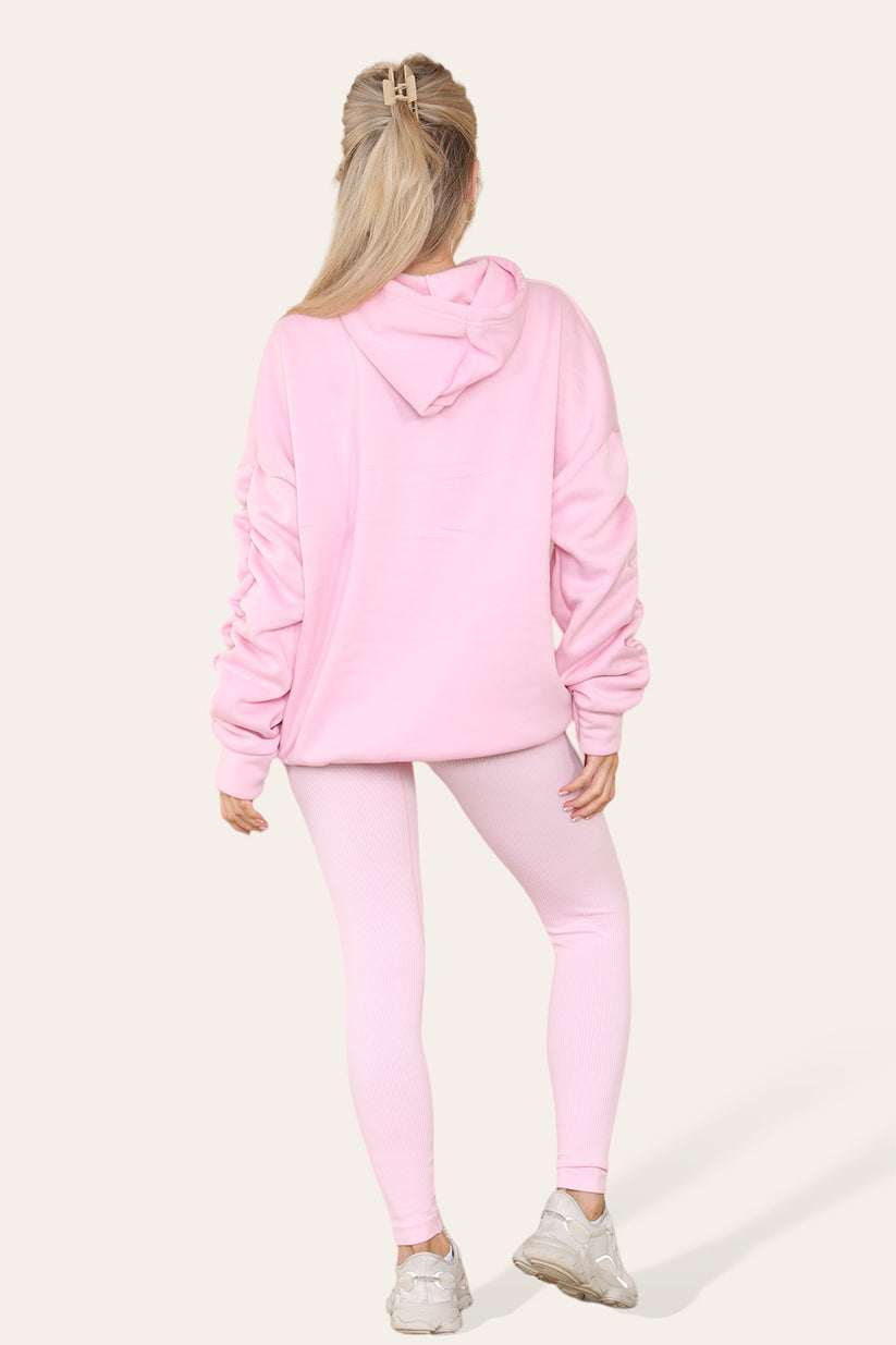 Plus Size Ruched Hoodie & Ribbed Leggings Set - Satin Ribbon Detail