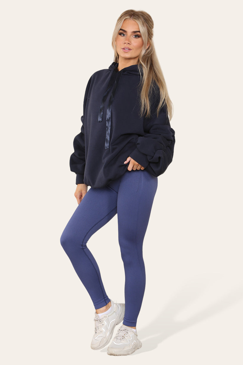 Plus Size Ruched Hoodie & Ribbed Leggings Set - Satin Ribbon Detail