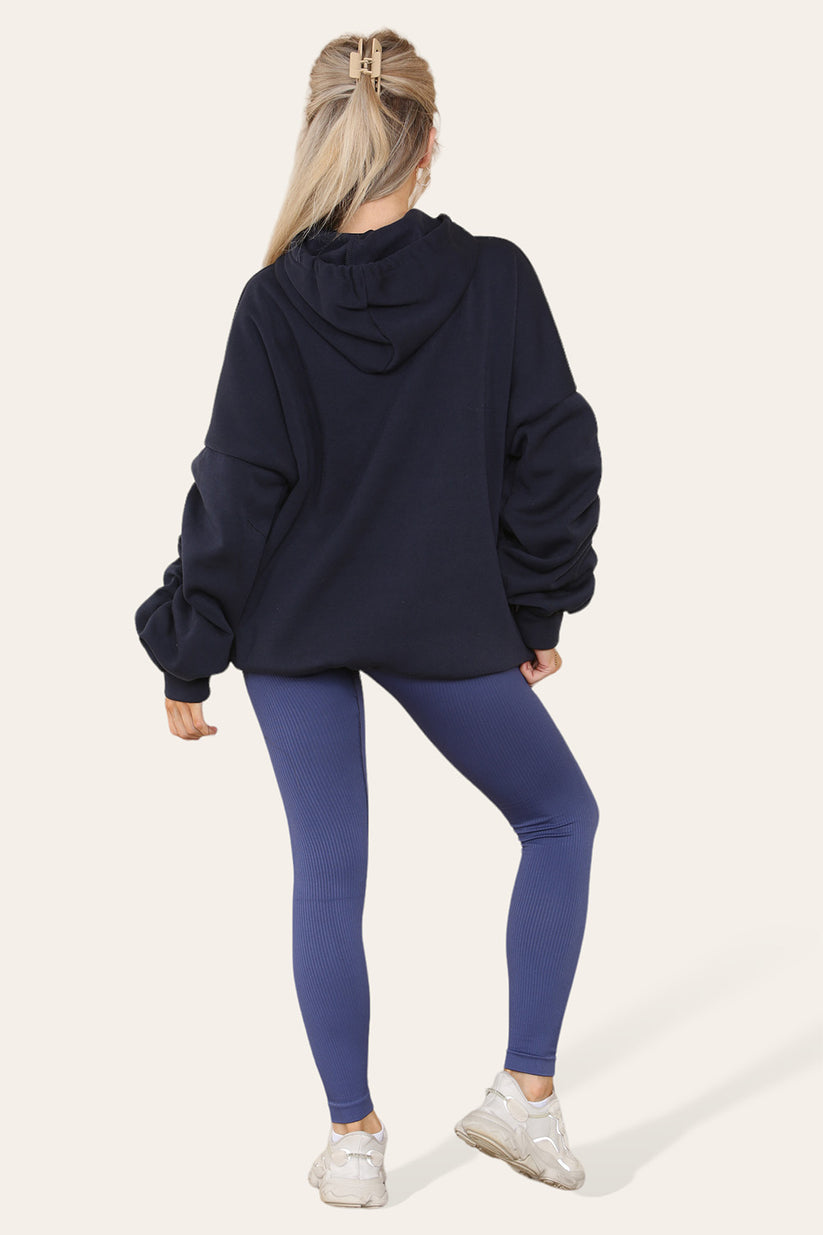 Plus Size Ruched Hoodie & Ribbed Leggings Set - Satin Ribbon Detail