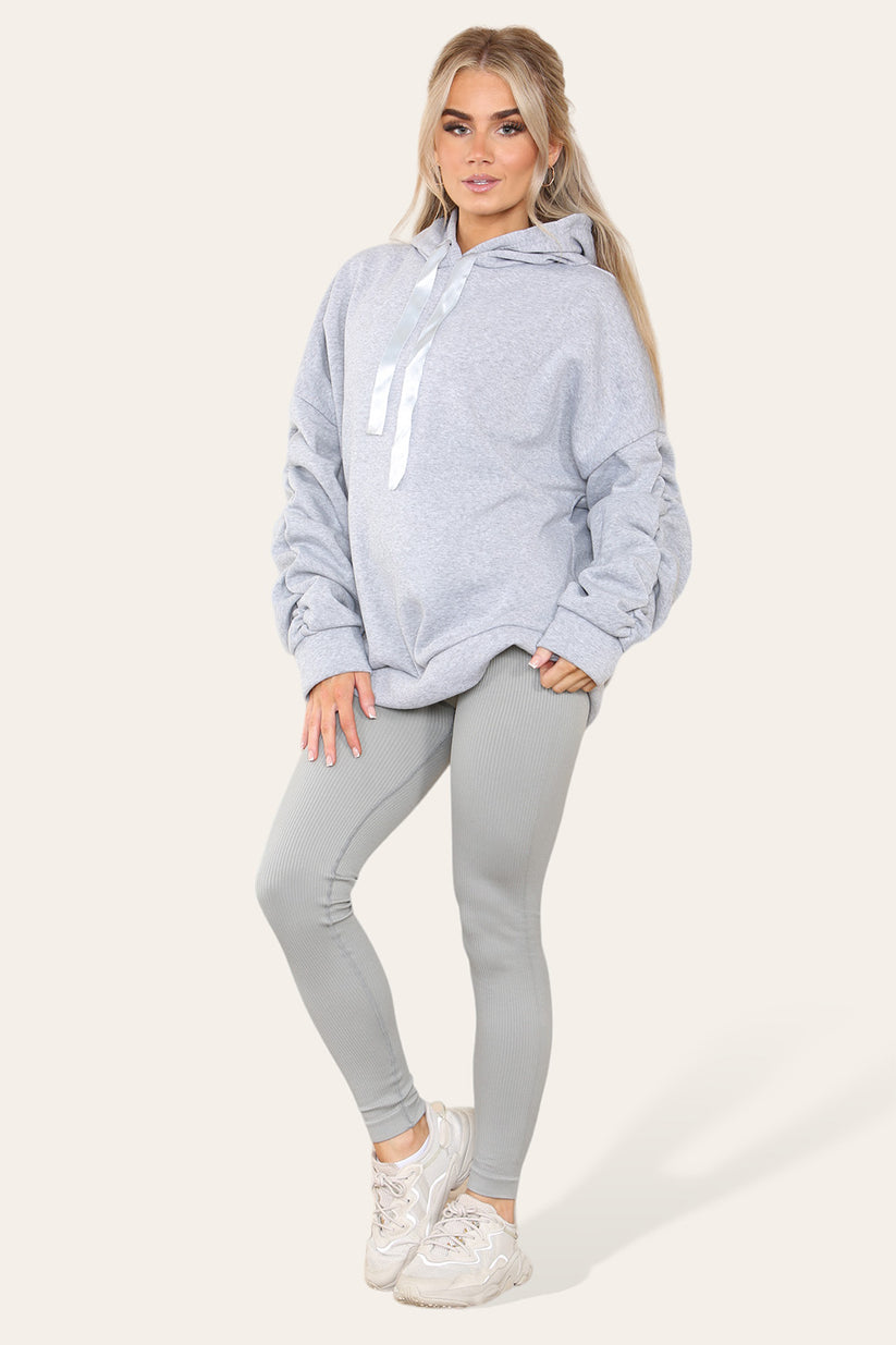 Plus Size Ruched Hoodie & Ribbed Leggings Set - Satin Ribbon Detail