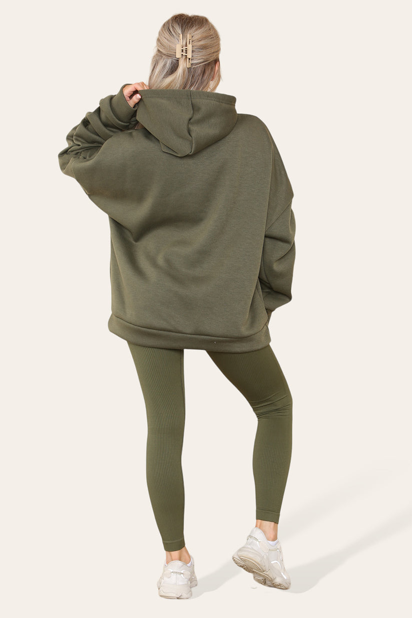 Plus Size Ruched Hoodie & Ribbed Leggings Set - Satin Ribbon Detail