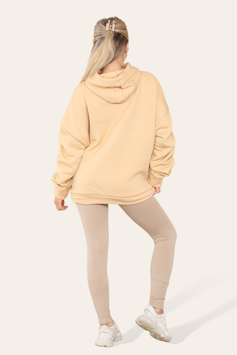 Plus Size Ruched Hoodie & Ribbed Leggings Set - Satin Ribbon Detail