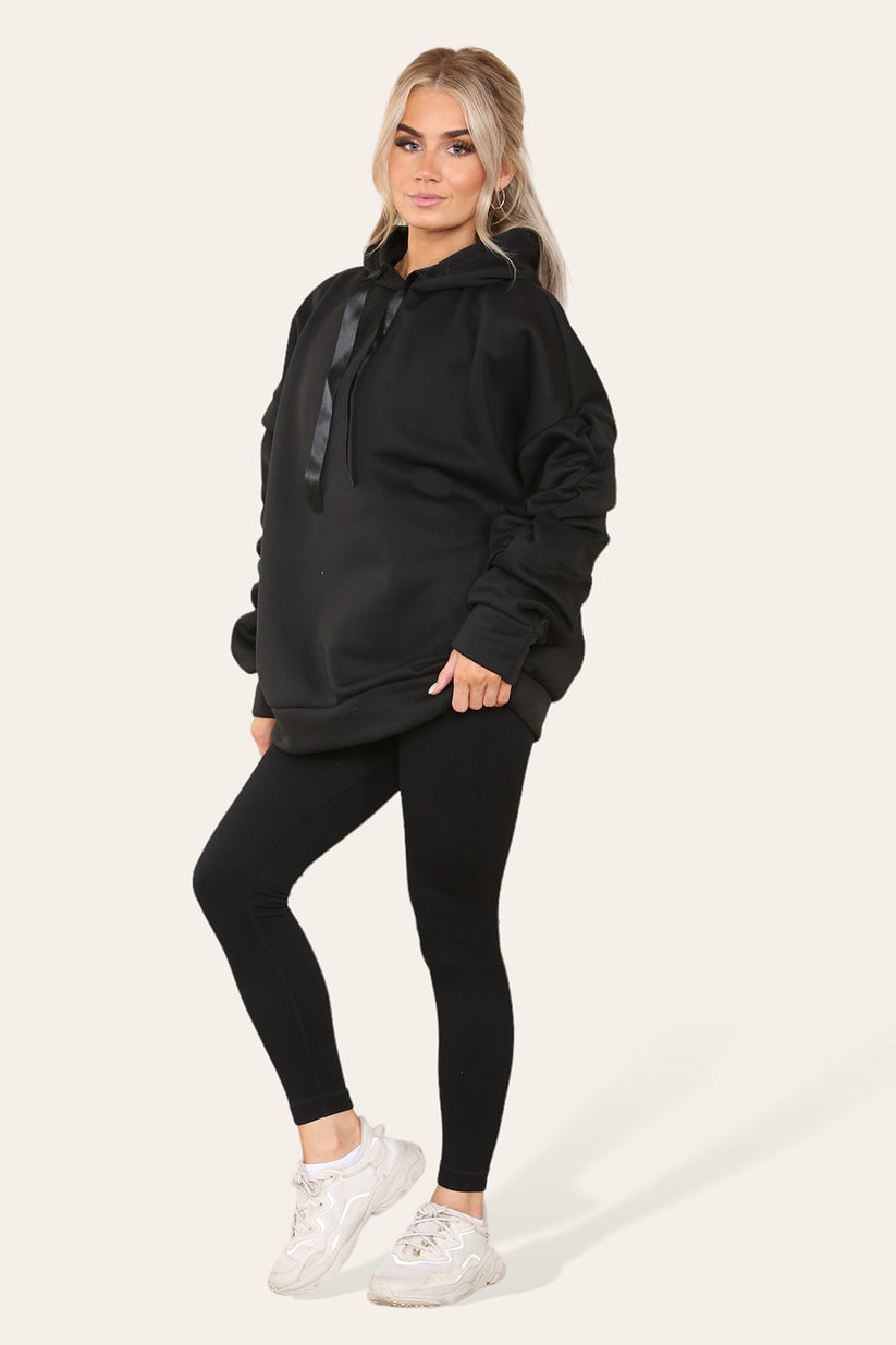 Plus Size Ruched Hoodie & Ribbed Leggings Set - Satin Ribbon Detail