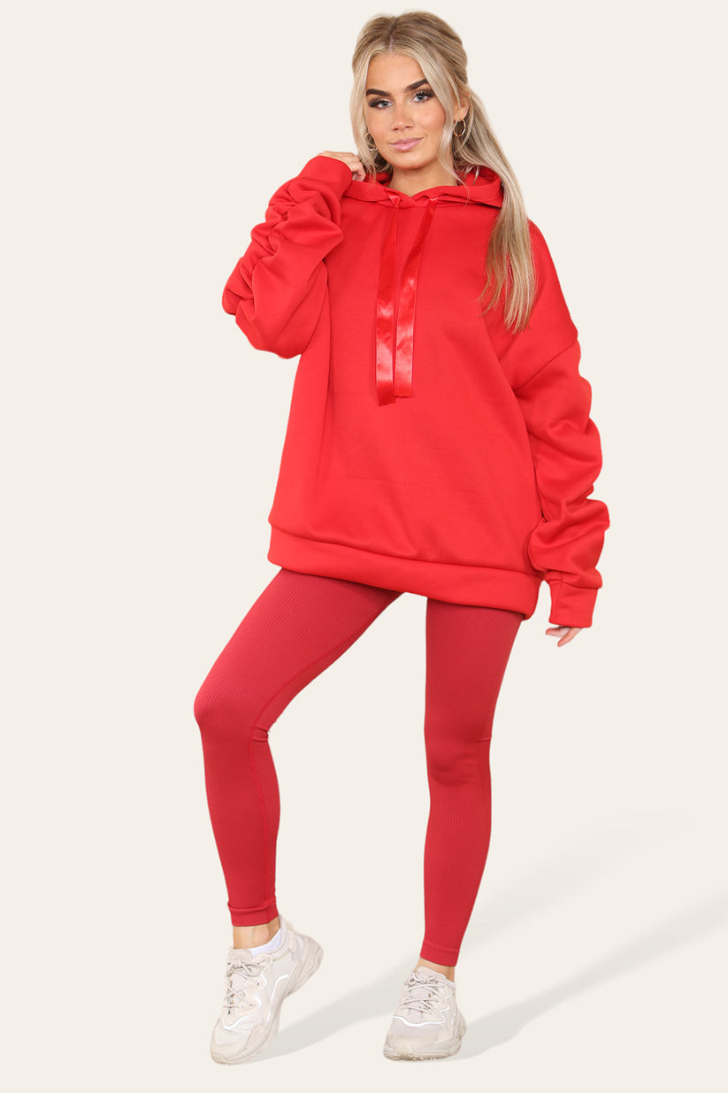 Plus Size Ruched Hoodie & Ribbed Leggings Set - Satin Ribbon Detail