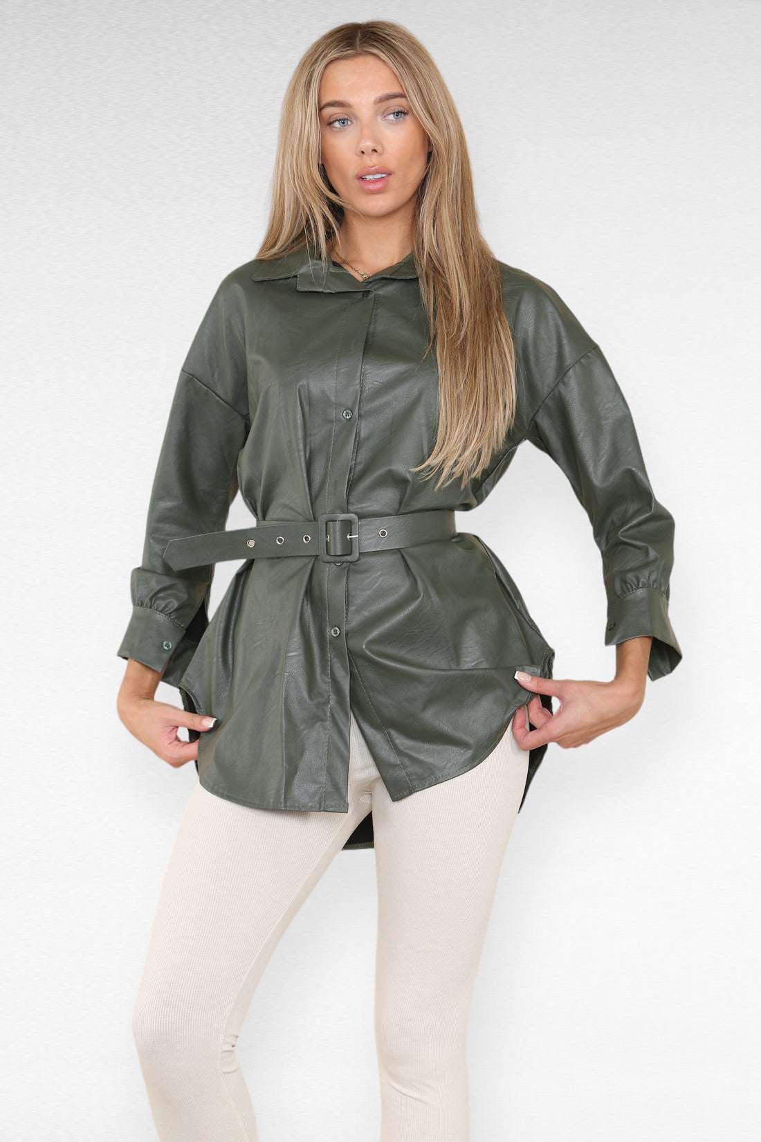 Ladies Wet Look Faux Leather Shirt Dress - Belted PU Design