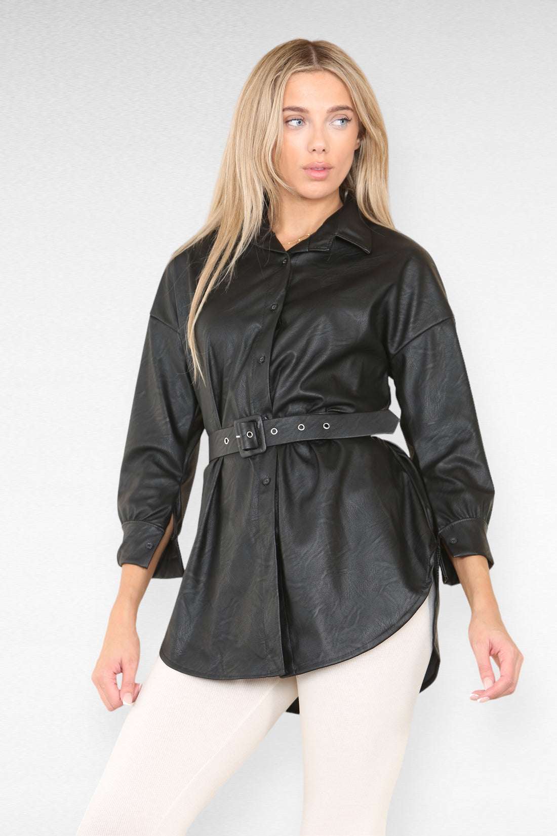 Ladies Wet Look Faux Leather Shirt Dress - Belted PU Design